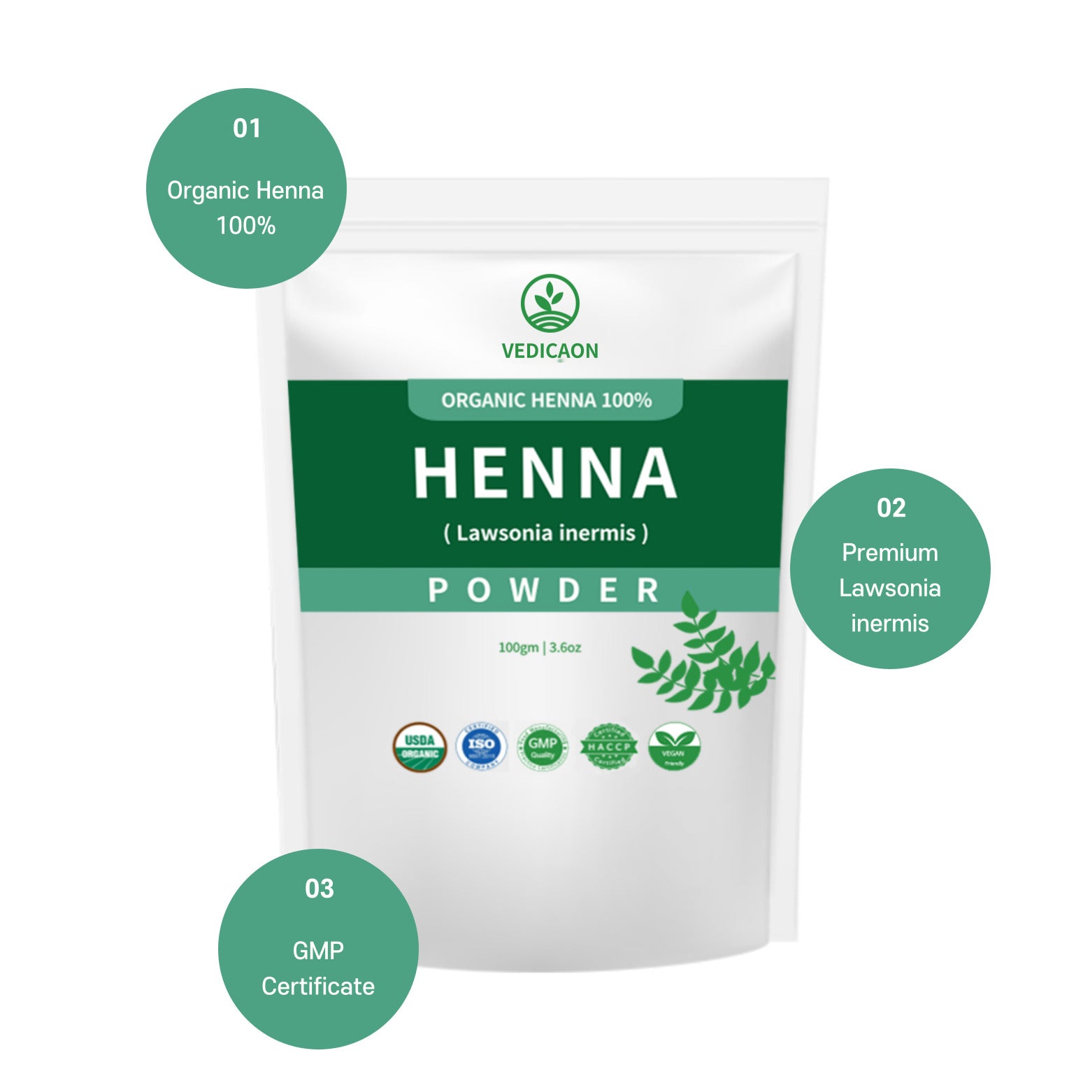 Vedicaon Natural Organic 100% Herbal Henna Powder for Natural Hair Coloring, Lawsonia inermis, Protects hair from Damage - 100gm