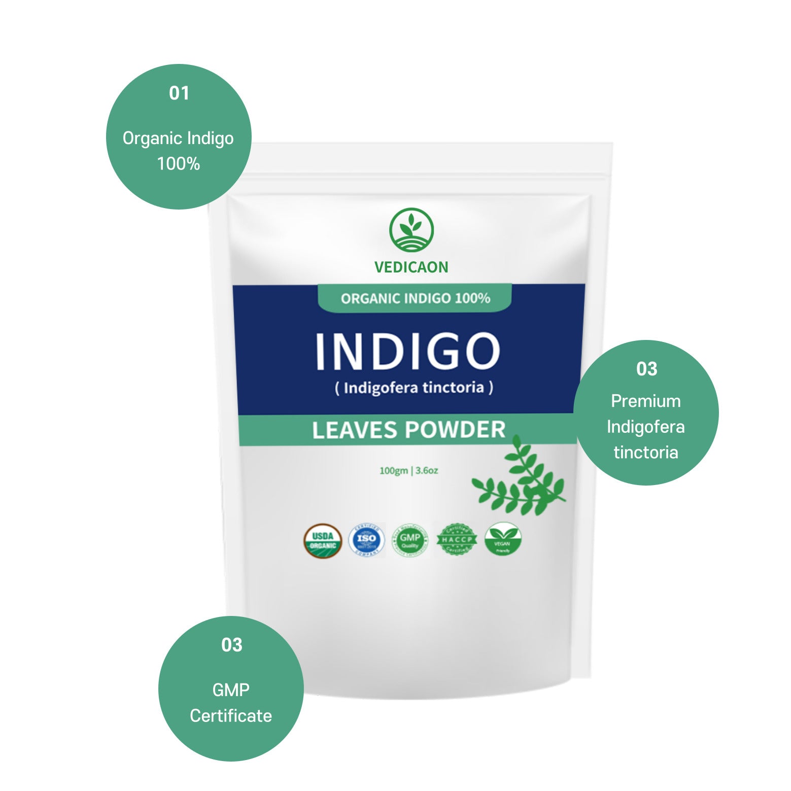 Vedicaon Natural Organic 100% Herbal Indigo Powder for Natural Hair Coloring, Indigofera tinctoria, Protects hair from Damage - 100gm